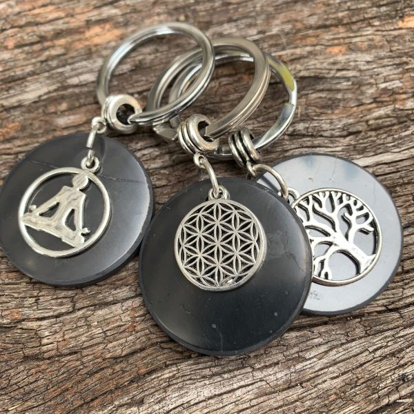 SHUNGITE Keyring ~ 35mm SOLID Shungite Disc ~ Flower of Life Fashion