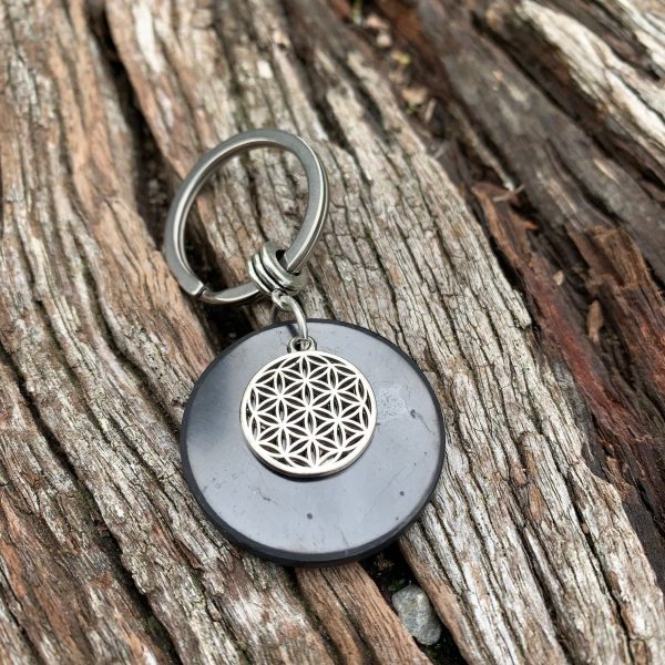 SHUNGITE Keyring ~ 35mm SOLID Shungite Disc ~ Flower of Life Fashion